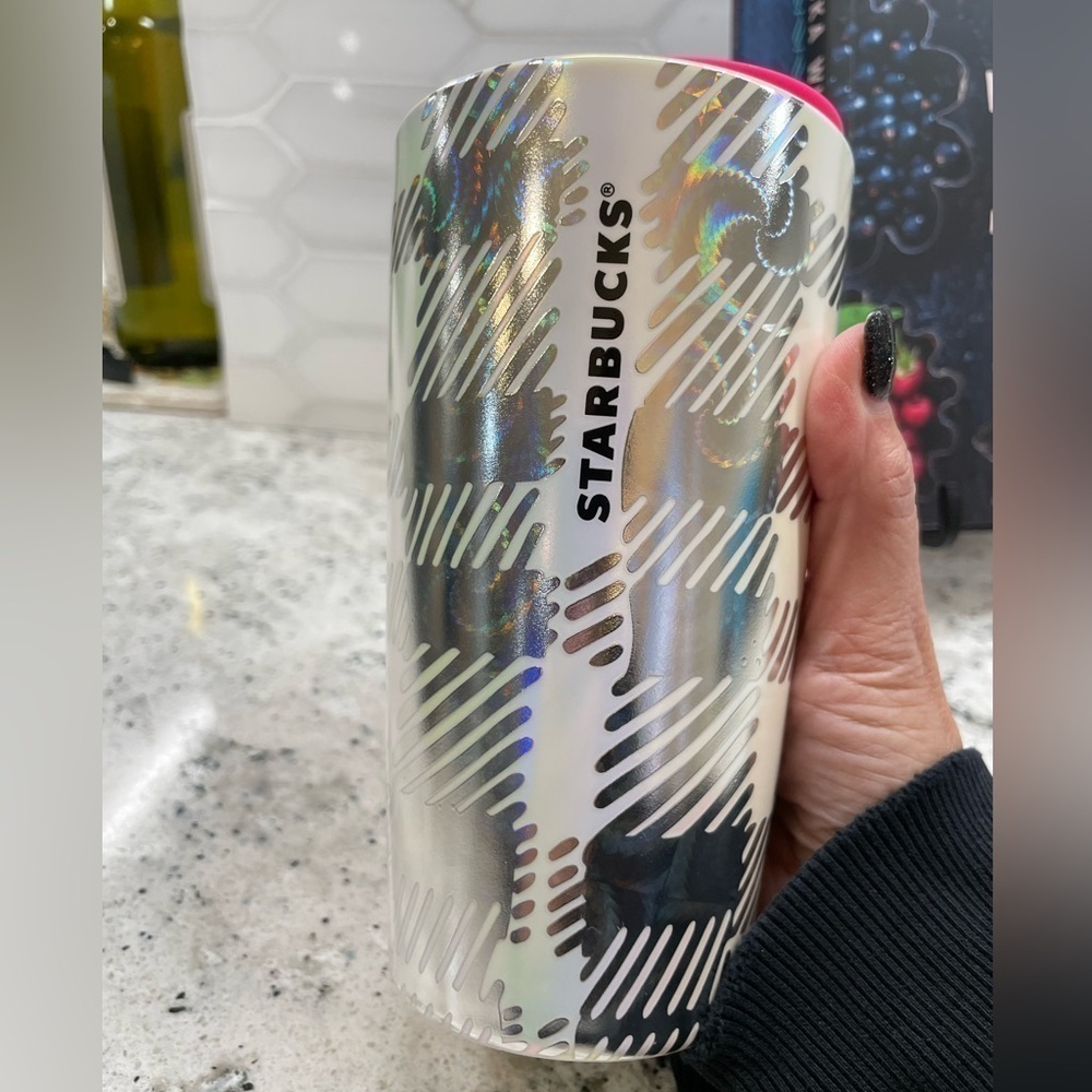 Starbucks 2024 Iridescent Luster Silver Pink Checkered Ceramic Mug Tumbler. NWT! - Picture 3 of 8